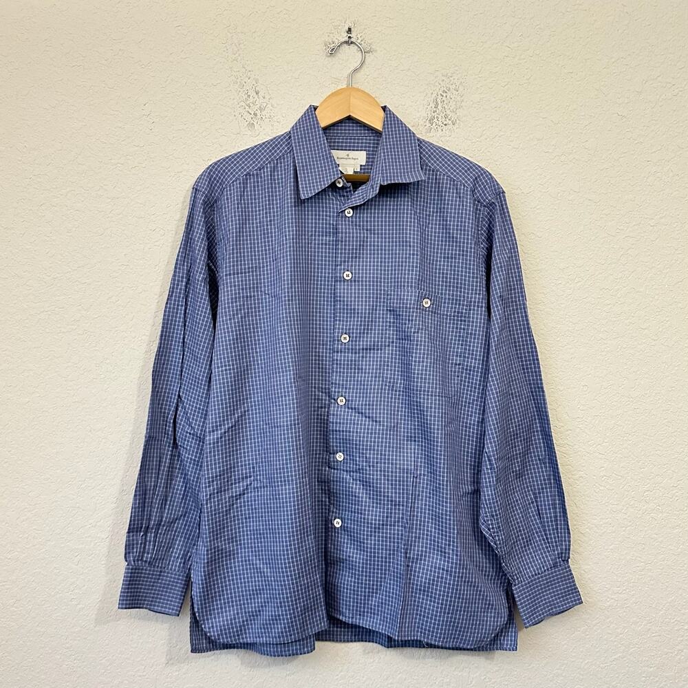 ERMENEGILDO ZEGNA Shirt Blue Plaid Button Up Long Sleeve Cotton Business